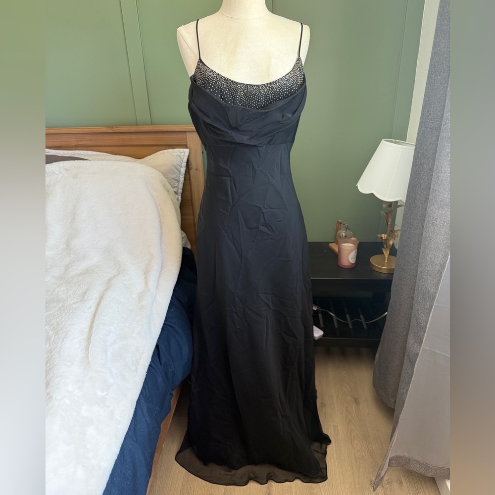Vintage 90's Cache Black Beaded Chiffon Cowl Neck Dress Y2K